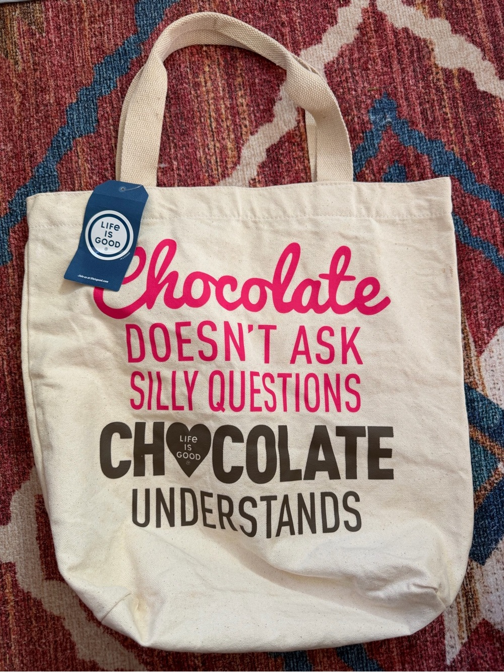 Life Is Good Cream Canvas Tote with Pink & Brown Slogan